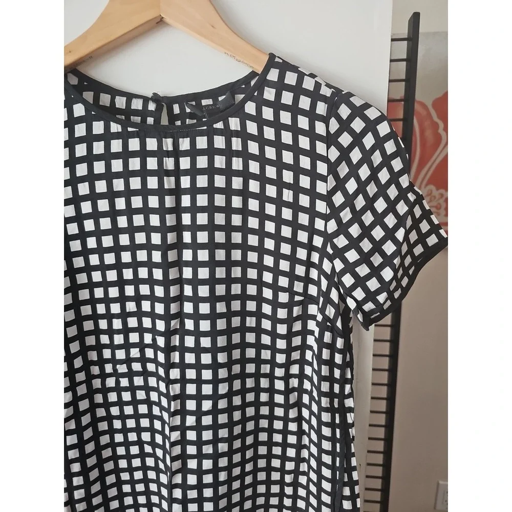 J‎ CREW Women's Tipped Silk Tee Black White Windowpane Short Sleeve Top Size 2